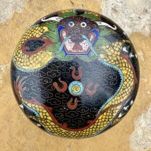 Antique Chinese Cloisonne Five Claw Yellow Dragon Flaming Pearl Trinket Box 3.5”